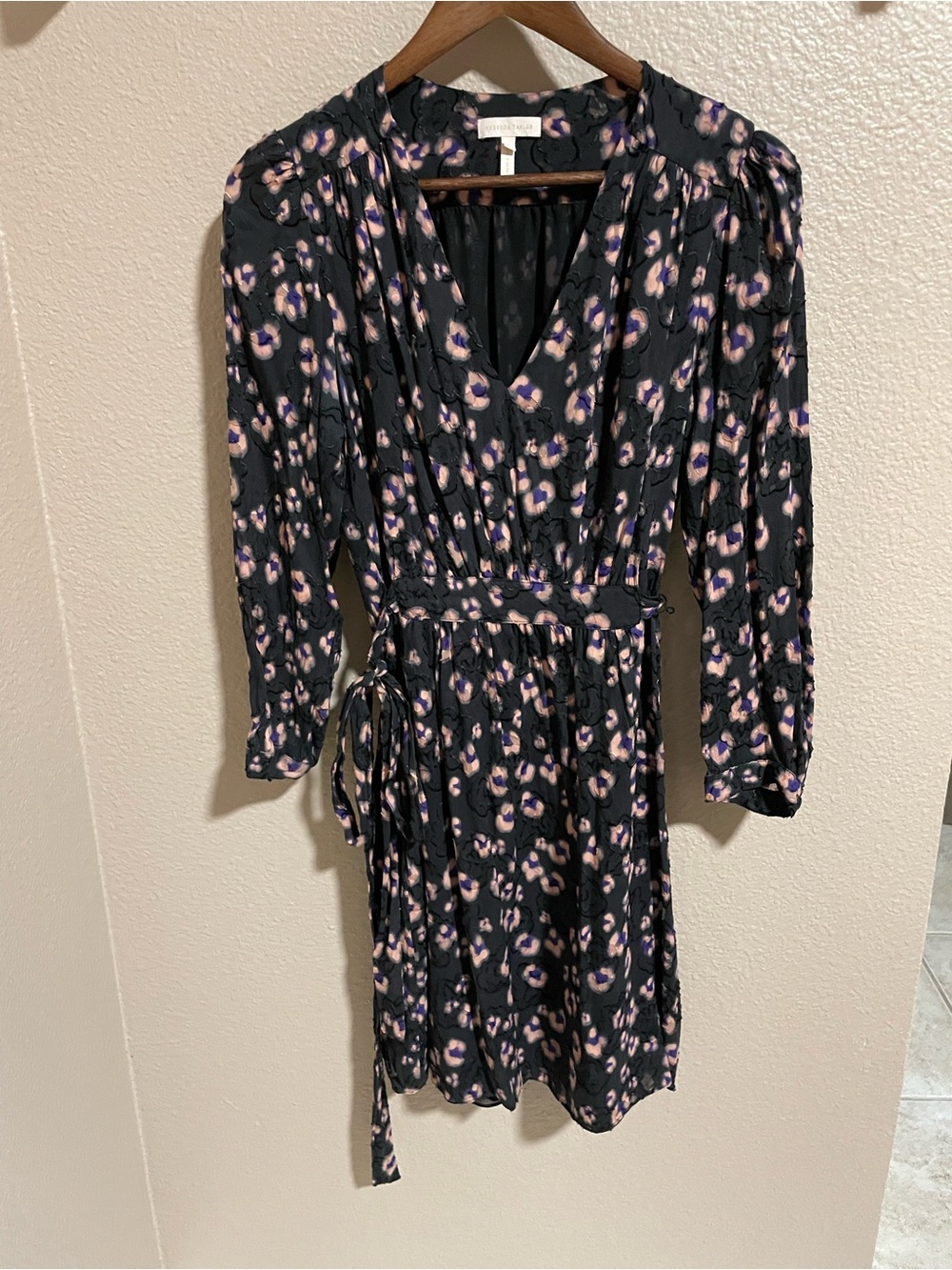 Rebecca Taylor Black Floral Wrap Dress with Pink and Purple Spots